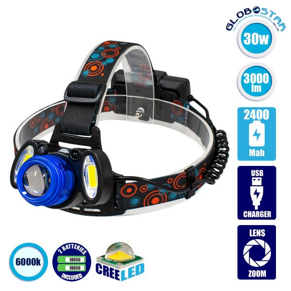 GloboStar® 79056 Επαναφορτιζόμενος Φακός Κεφαλής LED 1 x CREE XHP50 20W & 2 x CREE COB 10W 3000lm με 3 Modes - PIR Ανιχνευτή-Αισθητήρα Κίνησης & 2 x Μπαταρίες 18650 2400mAh Li-ion Αδιάβροχος IP54 Ψυχρό Λευκό 6000K