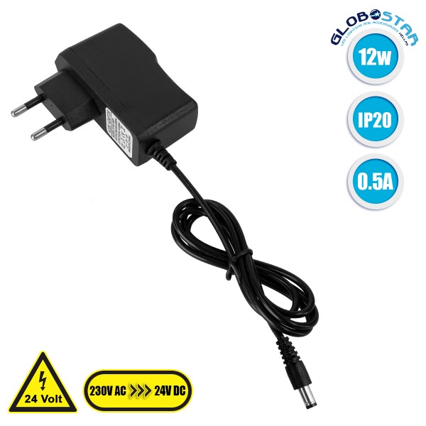 GloboStar® 73081 Πλαστικό Τροφοδοτικό SELV για Προϊόντα LED 12W 0.5A - AC 220-240V σε DC 24V - IP20 L7 x W2.7 x H7.5cm - 2 Years Warranty
