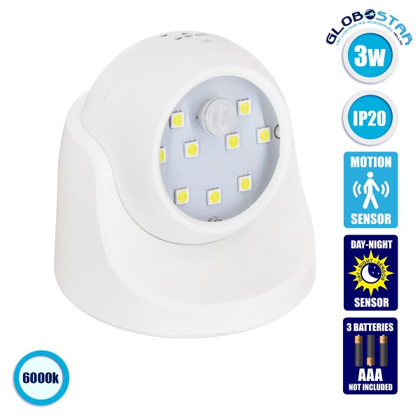 GloboStar® 79000 Λευκό Φωτιστικό Μπαταρίας σε Σχήμα Κάμερας LED SMD 3W 300lm με Αισθητήρα Ημέρας-Νύχτας και PIR Αισθητήρα Κίνησης Ψυχρό Λευκό 6000K