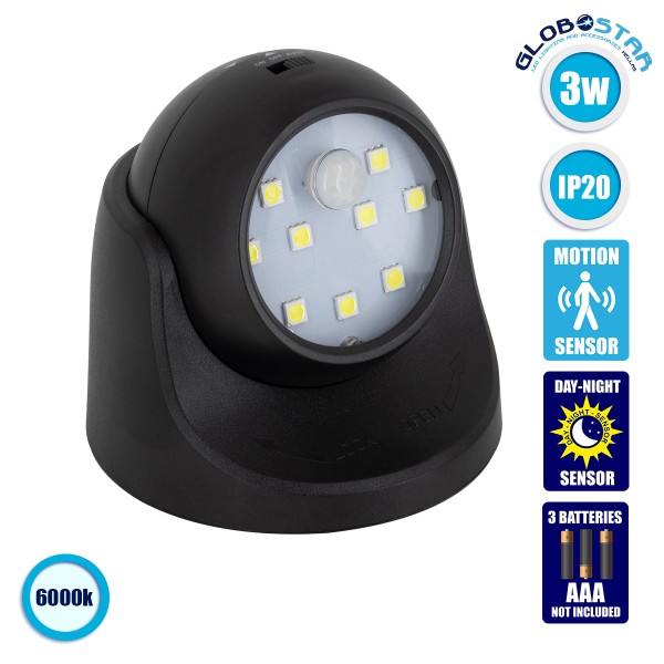 GloboStar® 79001 Μαύρο Φωτιστικό Μπαταρίας σε Σχήμα Κάμερας LED SMD 3W 300lm με Αισθητήρα Ημέρας-Νύχτας και PIR Αισθητήρα Κίνησης Ψυχρό Λευκό 6000K