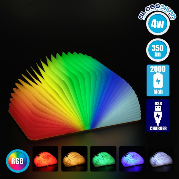 GloboStar® 79636 Vintage Ξύλινο Επιτραπέζιο Διακοσμητικό Φωτιστικό XL Βιβλίο LED SMD 4W 350lm DC 5V 2000mAh Επαναφορτιζόμενο με Καλώδιο Τροφοδοσίας USB RGB 21.5 x 16.5 x 2.2cm