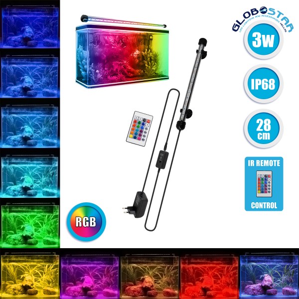 GloboStar® 79671 Φωτιστικό Ενυδρείου 28cm LED 5.8W 180° AC 230V Αδιάβροχο IP68 με Ασύρματο Χειριστήριο IR Πολύχρωμο RGB