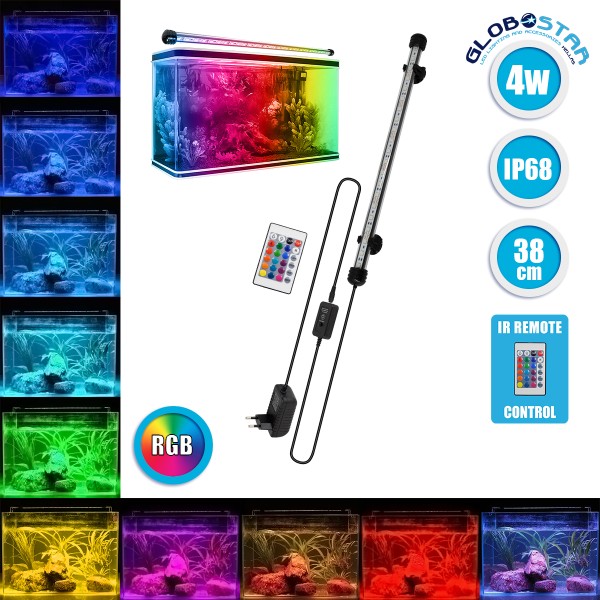GloboStar® 79672 Φωτιστικό Ενυδρείου 38cm LED 7.3W 180° AC 230V Αδιάβροχο IP68 με Ασύρματο Χειριστήριο IR Πολύχρωμο RGB