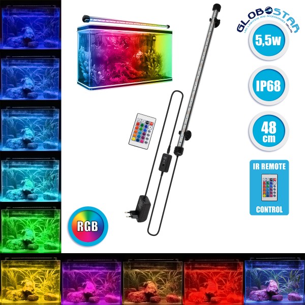 GloboStar® 79673 Φωτιστικό Ενυδρείου 48cm LED 9W 180° AC 230V Αδιάβροχο IP68 με Ασύρματο Χειριστήριο IR Πολύχρωμο RGB