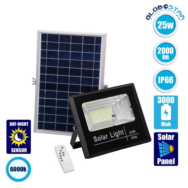 GloboStar® HERMES 71554 Αυτόνομος Ηλιακός Προβολέας LED SMD 25W 2000lm με Ενσωματωμένη Μπαταρία 3000mAh - Φωτοβολταϊκό Πάνελ με Αισθητήρα Ημέρας-Νύχτας και Ασύρματο Χειριστήριο RF 2.4Ghz Αδιάβροχος IP66 Ψυχρό Λευκό 6000K - 3 Χρόνια Εγγύηση