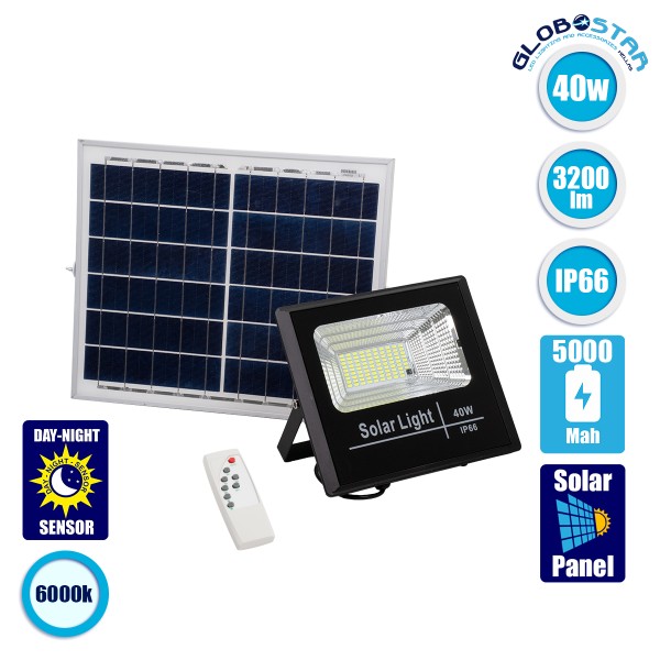 GloboStar® HERMES 71555 Αυτόνομος Ηλιακός Προβολέας LED SMD 40W 3200lm με Ενσωματωμένη Μπαταρία 5000mAh - Φωτοβολταϊκό Πάνελ με Αισθητήρα Ημέρας-Νύχτας και Ασύρματο Χειριστήριο RF 2.4Ghz Αδιάβροχος IP66 Ψυχρό Λευκό 6000K - 3 Χρόνια Εγγύηση