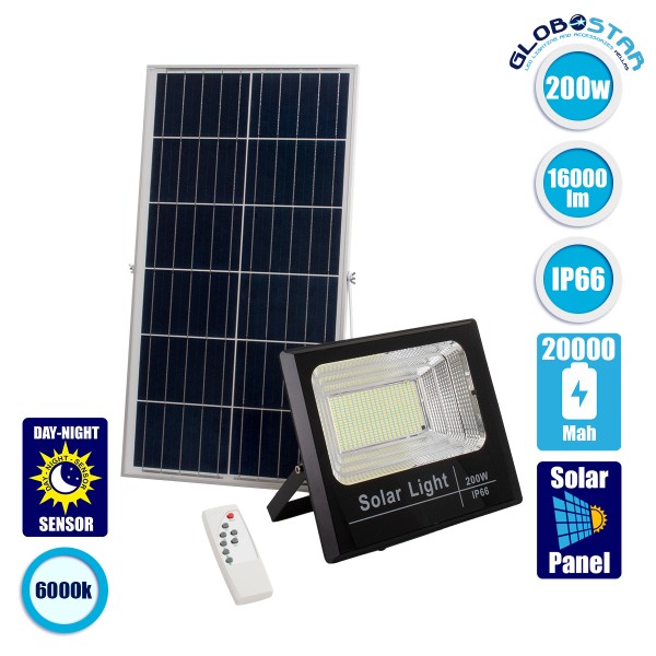 GloboStar® HERMES 71558 Αυτόνομος Ηλιακός Προβολέας LED SMD 200W 16000lm με Ενσωματωμένη Μπαταρία 20000mAh - Φωτοβολταϊκό Πάνελ με Αισθητήρα Ημέρας-Νύχτας και Ασύρματο Χειριστήριο RF 2.4Ghz Αδιάβροχος IP66 Ψυχρό Λευκό 6000K - 3 Χρόνια Εγγύηση
