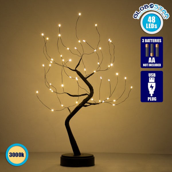  GloboStar® 71589 Διακοσμητικό Επιτραπέζιο Φωτιζόμενο Εύκαμπτο Mini Φυτό με 48 LED 3W 300lm Μπαταρίας Θερμό Λευκό 3000K Φ40 x Υ50cm