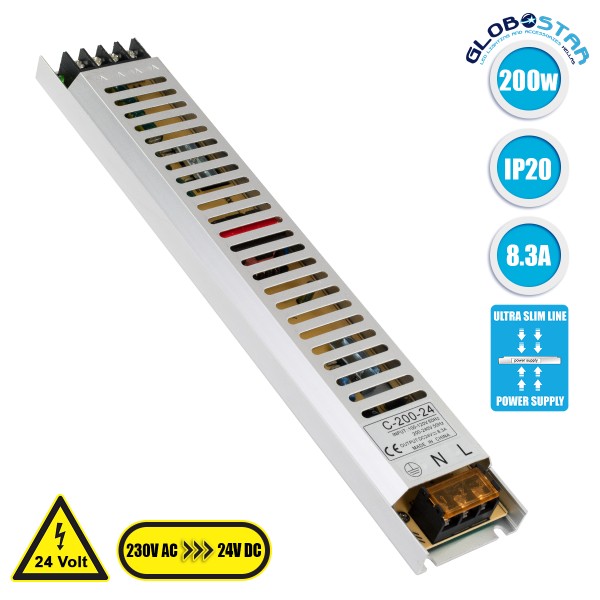 GloboStar® 73017 Μεταλλικό Τροφοδοτικό PELV Ultra Slim για Προϊόντα LED 200W 8.3A - AC 220-240V σε DC 24V - IP20 Μ31 x Π5.4 x Υ2.3cm - 3 Years Warranty