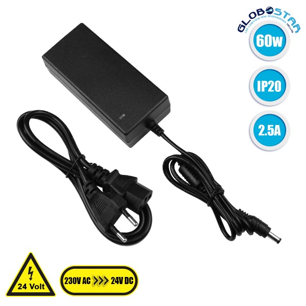 GloboStar® 73083 Πλαστικό Τροφοδοτικό SELV για Προϊόντα LED 60W 2.5A - AC 220-240V σε DC 24V - IP20 L12 x W5.3 x H3.3cm - 2 Years Warranty