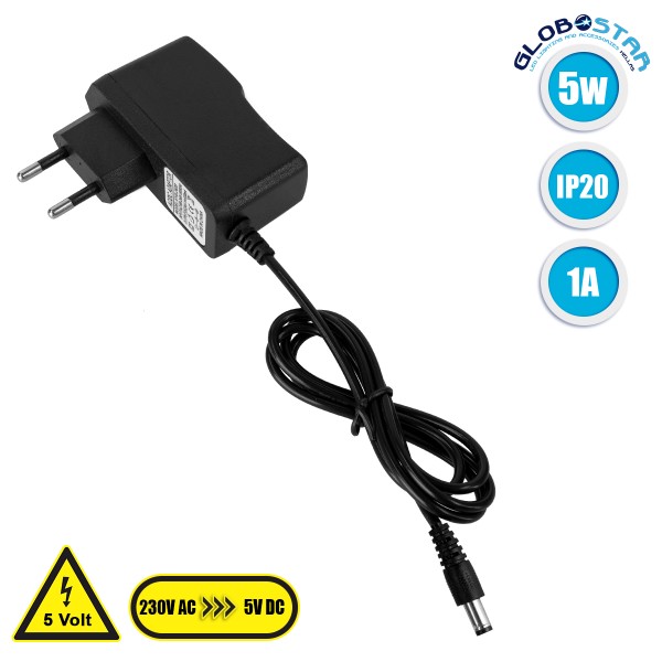 GloboStar® 73086 Πλαστικό Τροφοδοτικό SELV για Προϊόντα LED 5W 1A - AC 220-240V σε DC 5V - IP20 L7 x W2.7 x H7.5cm - 2 Years Warranty