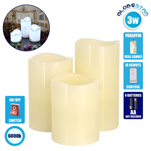 GloboStar® 79554 ΣΕΤ 3 Διακοσμητικών Realistic Κεριών Παραφίνης με LED - Μπαταρίας & Ασύρματο Χειριστήριο IR Ψυχρό Λευκό 6000K 