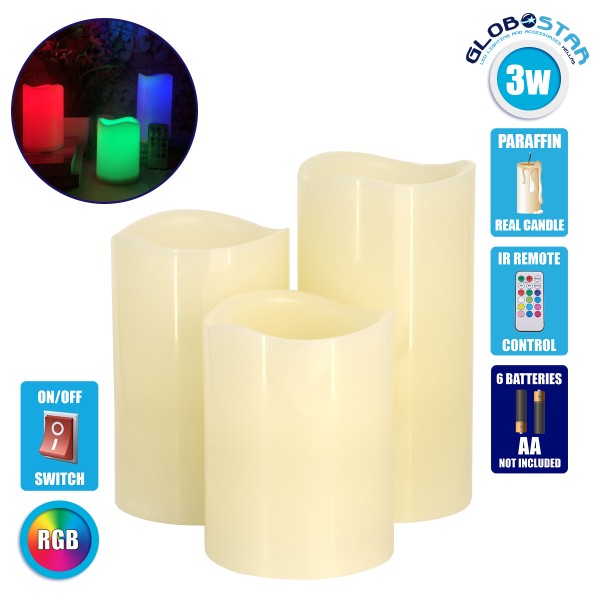  GloboStar® 79556 ΣΕΤ 3 Διακοσμητικών Realistic Κεριών Παραφίνης με LED Εφέ Κινούμενης Φλόγας - Μπαταρίας & Ασύρματο Χειριστήριο IR Πολύχρωμα RGB Dimmable