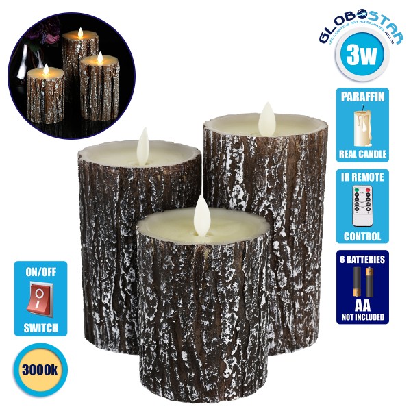 GloboStar® 79562 ΣΕΤ 3 Διακοσμητικών Realistic Κεριών Παραφίνης με LED Εφέ Κινούμενης Φλόγας - Μπαταρίας & Ασύρματο Χειριστήριο IR Καφέ Σχέδιο Κορμός Δέντρου Θερμό Λευκό 3000K Dimmable