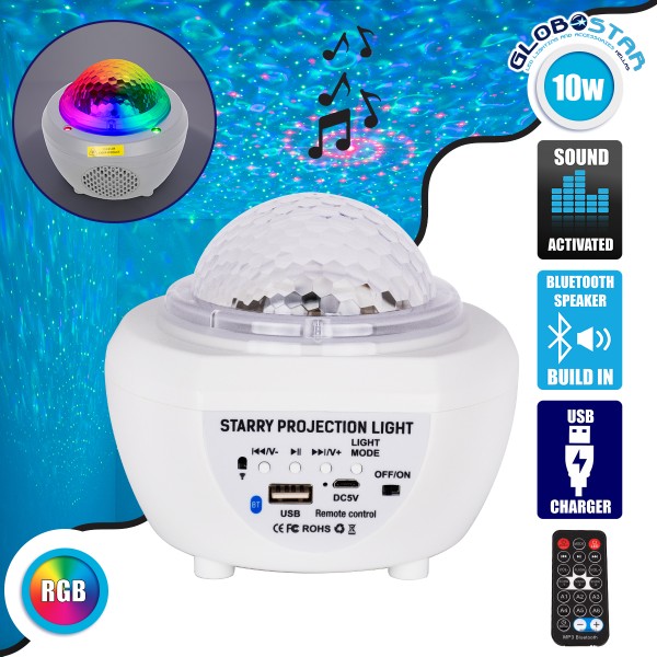 GloboStar® 79604 Λευκό Επιτραπέζιο Διακοσμητικό Φωτιστικό Ειδικών Εφε NIGHT SKY GALAXY 3D LED 10W DC 5V 2200mAh Επαναφορτιζόμενο με Bluetooth Speaker - Sound Activated - Καλώδιο Τροφοδοσίας USB και Ασύρματο Χειριστήριο RF 2.4Ghz Πολύχρωμo RGB Dimmable