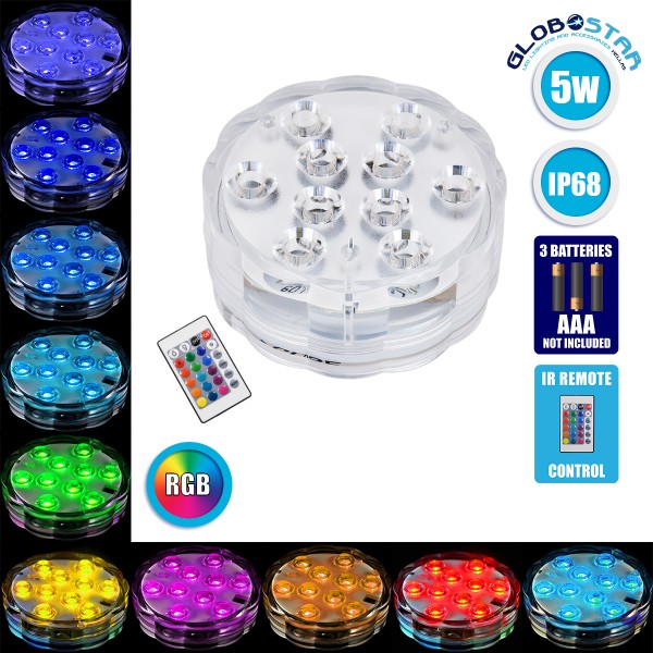 GloboStar® 79626 Υποβρύχια Διακοσμητική Φωτιζόμενη Βάση LED 5W για Μπουκάλια - Ποτήρια - Βάζα - Ναργιλέ Μπαταρίας με Ασύρματο Χειριστήριο IR Αδιάβροχη IP68 Πολύχρωμη RGB Dimmable