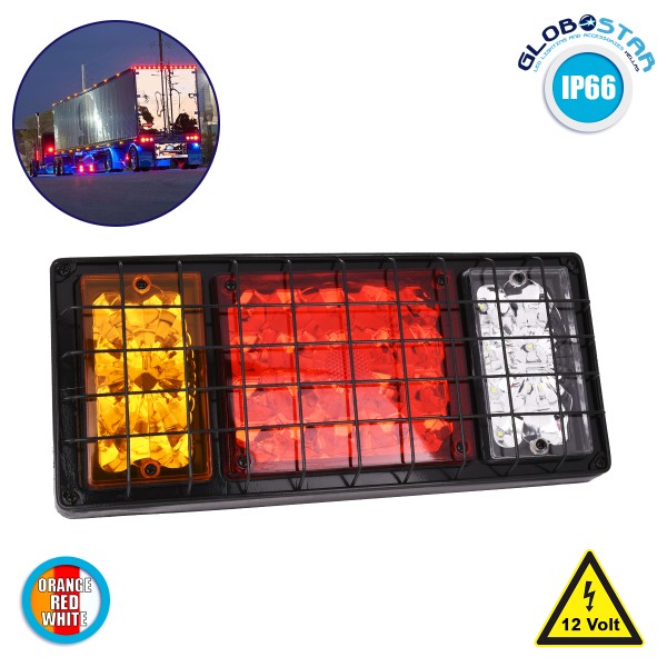 GloboStar® 79928 Πίσω Φανάρι Τρέιλερ 36 LED 12V με Μεταλλικό Πλέγμα Προστασίας Universal Αδιάβροχο IP66 Πορτοκαλί - Κόκκινο - Λευκό 6000K