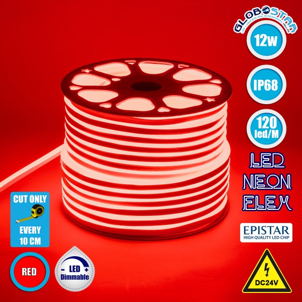 GloboStar® 70563 OVALE 120° Degree Neon Flex Epistar LED SMD 2835 1m 12W/m 120LED/m 840lm/m 120° DC 24V Αδιάβροχη IP68 Κόκκινο Dimmable