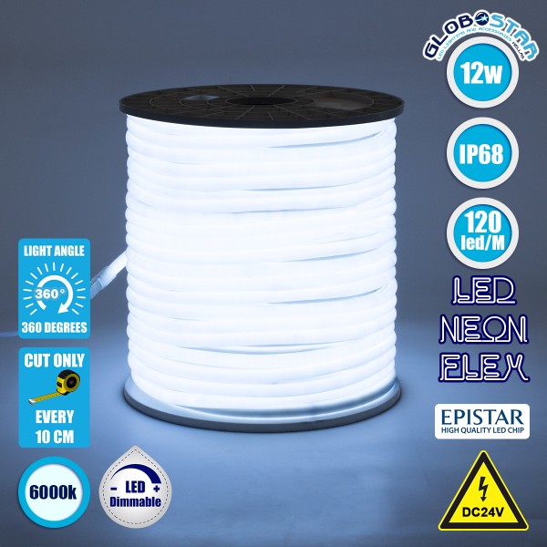 GloboStar® 70580 TUBE 360° Degree Neon Flex Epistar LED SMD 2835 1m 12W/m 120LED/m 1200lm/m 360° DC 24V Αδιάβροχη IP68 Ψυχρό Λευκό 6000K Dimmable