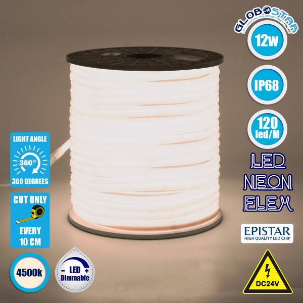 GLOBOSTAR® NEOTUBE 70581 Ταινία Neon Flex LED 12W/m 960lm/m 360° DC 24V Αδιάβροχο IP65 120 x SMD2835 Chip/m Φυσικό Λευκό 4500K Dimmable - Μ100 x Π1.3 x Υ1.3cm - 3 Χρόνια Εγγύηση