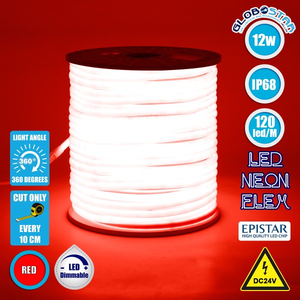 GloboStar® 70583 TUBE 360° Degree Neon Flex Epistar LED SMD 2835 1m 12W/m 120LED/m 840lm/m 360° DC 24V Αδιάβροχη IP68 Κόκκινο Dimmable