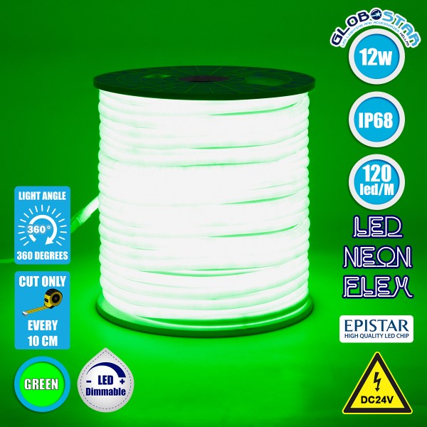 GloboStar® 70584 TUBE 360° Degree Neon Flex Epistar LED SMD 2835 1m 12W/m 120LED/m 840lm/m 360° DC 24V Αδιάβροχη IP68 Πράσινο Dimmable