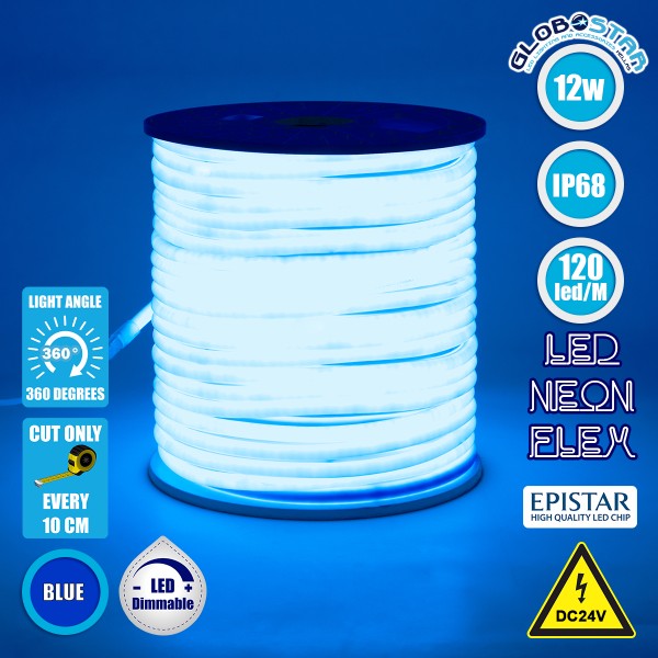 GloboStar® 70585 TUBE 360° Degree Neon Flex Epistar LED SMD 2835 1m 12W/m 120LED/m 840lm/m 360° DC 24V Αδιάβροχη IP68 Μπλε Dimmable