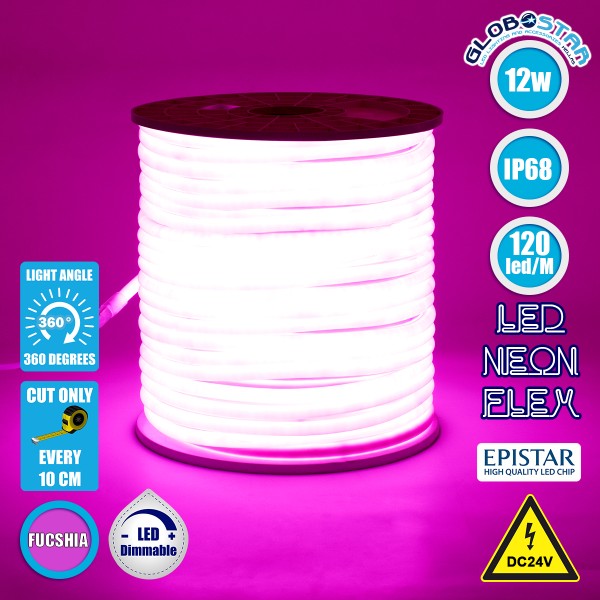 GloboStar® 70587 TUBE 360° Degree Neon Flex Epistar LED SMD 2835 1m 12W/m 120LED/m 840lm/m 360° DC 24V Αδιάβροχη IP68 Ροζ Dimmable