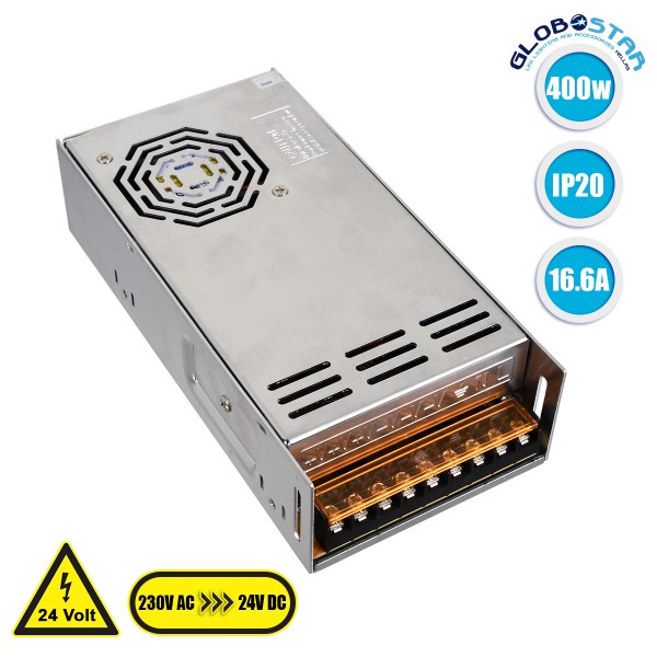GLOBOSTAR® LUMIVOLT 73046 Τροφοδοτικό/Μετασχηματιστής PELV 400W 16.6A DC 24V IP20 - AC 220-240V σε DC 24V / Ρυθμιζόμενo από DC 22.5V έως DC 25.5V - Μ20 x Π10 x Υ5cm - 3 Χρόνια Εγγύηση