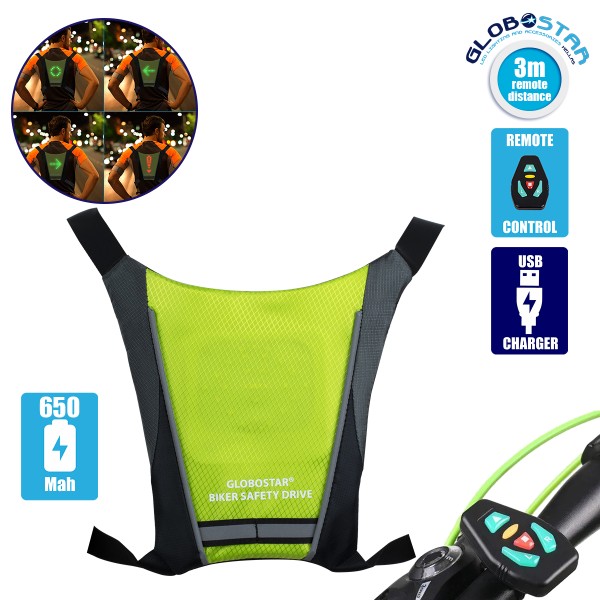 GloboStar® 79069 Γιλέκο Ασφαλείας Φωσφοριζέ Αντανακλαστικό για Ποδηλάτες & Runners με Φωτεινή Σήμανση LED - Ενσωματωμένη Μπαταρία 650mAh DC 5V Επαναφορτιζόμενο με Καλώδιο Τροφοδοσίας USB & Ασύρματο Χειριστήριο - Λαχανί Φωσφοριζέ & Μαύρο Αδιάβροχο IP65