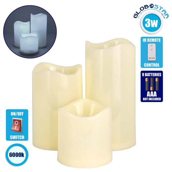 GloboStar® 79551 ΣΕΤ 3 Διακοσμητικών Realistic Κεριών με LED - Μπαταρίας & Ασύρματο Χειριστήριο IR Ψυχρό Λευκό 6000K 