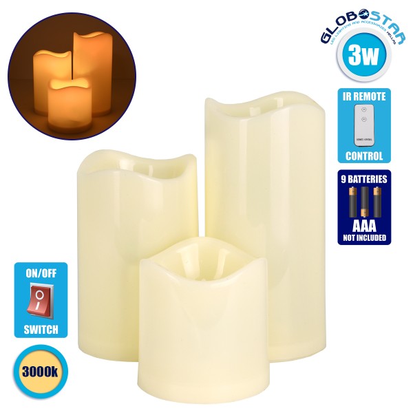 GloboStar® 79552 ΣΕΤ 3 Διακοσμητικών Realistic Κεριών με LED - Μπαταρίας & Ασύρματο Χειριστήριο IR Θερμό Λευκό 3000K 