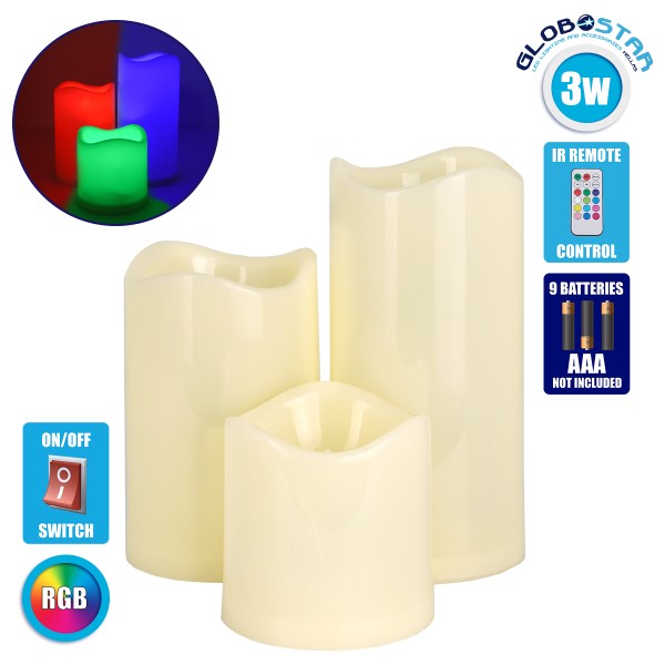 GloboStar® 79553 ΣΕΤ 3 Διακοσμητικών Realistic Κεριών με LED - Μπαταρίας & Ασύρματο Χειριστήριο IR Πολύχρωμα RGB Dimmable
