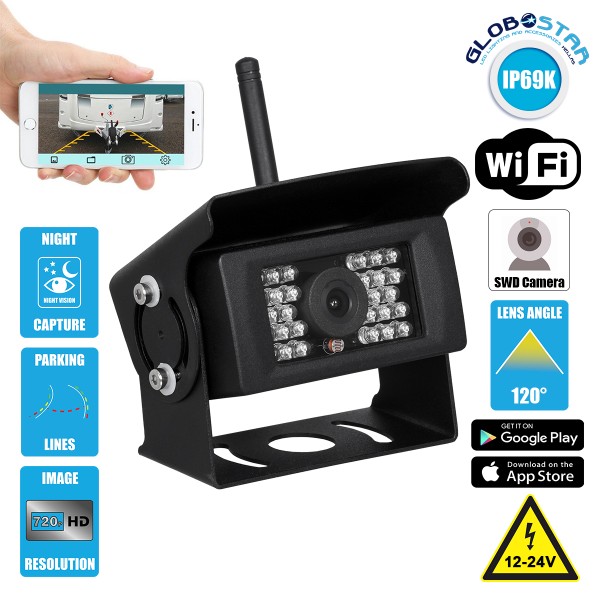 GloboStar® 86025 WiFi Έγχρωμη Κάμερα 720p SWD HD Οπισθοπορείας Αυτοκινήτου-Φορτηγού DC 12-24V 120° με Εφαρμογή APP Night Capture με Parking Lines Αδιάβροχη IP69K
