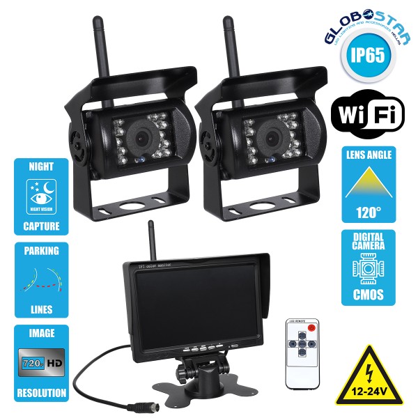 GloboStar® 86031 2 x WiFi Έγχρωμες Κάμερες 720p CMOS HD Οπισθοπορείας Αυτοκινήτου-Φορτηγού DC 12-24V 170° με Οθόνη 7" DC 12-24V Night Capture με Parking Lines και Ασύρματο Χειριστήριο Αδιάβροχη IP65