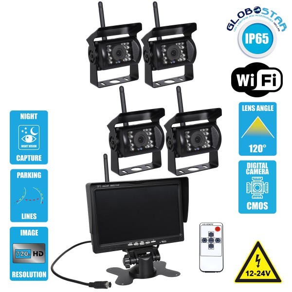 GloboStar® 86032 4 x WiFi Έγχρωμες Κάμερες 720p CMOS HD Οπισθοπορείας Αυτοκινήτου-Φορτηγού DC 12-24V 170° με Οθόνη 7" DC 12-24V Night Capture με Parking Lines και Ασύρματο Χειριστήριο Αδιάβροχη IP65