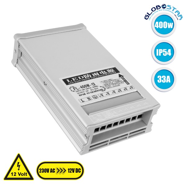 GloboStar® 73039 Μεταλλικό Τροφοδοτικό PELV Rainproof για Προϊόντα LED 400W 33.3A - AC 220-240V σε DC 12V - IP54 L20.8 x W11.5 x H5cm - 3 Years Warranty