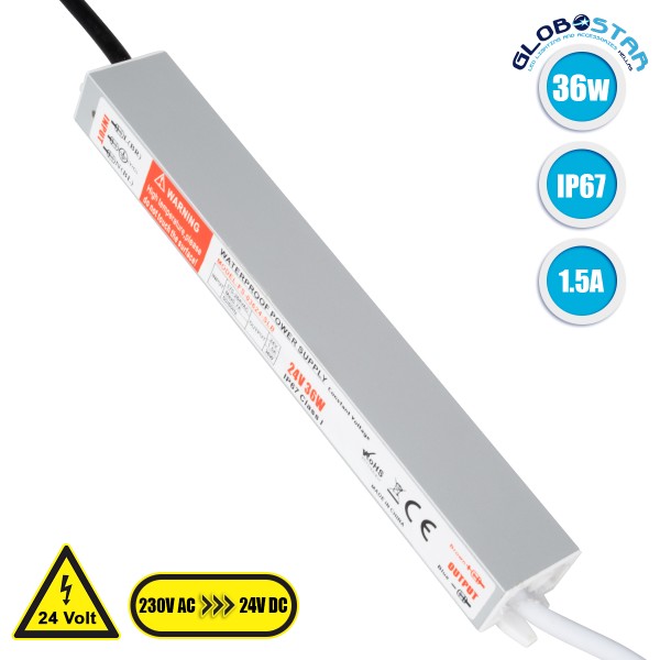 GloboStar® 73061 Μεταλλικό Τροφοδοτικό SELV για Προϊόντα LED 36W 1.5A - AC 220-240V σε DC 24V - Αδιάβροχο IP67 Μ22 x Π3 x Υ2cm - 3 Years Warranty