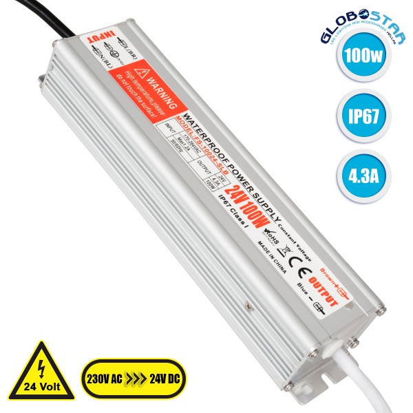 GloboStar® 73062 Μεταλλικό Τροφοδοτικό SELV για Προϊόντα LED 100W 4.3A - AC 220-240V σε DC 24V - Αδιάβροχο IP67 Μ23.5 x Π6 x Υ4cm - 3 Years Warranty