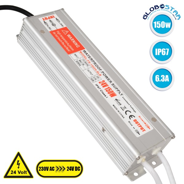 GloboStar® 73063 Μεταλλικό Τροφοδοτικό SELV για Προϊόντα LED 150W 6.25A - AC 220-240V σε DC 24V - Αδιάβροχο IP67 Μ23.5 x Π6 x Υ4cm - 3 Years Warranty