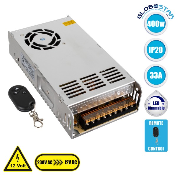 GloboStar® 73093 Ασύρματο Τροφοδοτικό LED 400W DC 12V 33.3A με Χειριστήριο RF IP20 Dimmable Μ21.5 x Π11.5 x Υ5cm