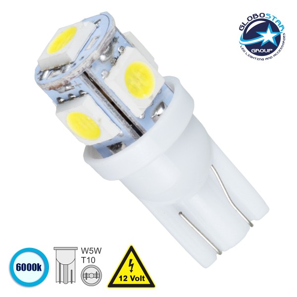 GloboStar® 81050 Λάμπα Αυτοκινήτου T10 W5W LED 5 SMD 5050 2W 300lm 360° DC 12V IP20 Ψυχρό Λευκό 6000K