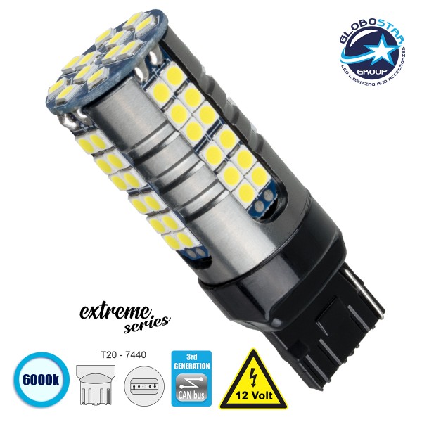 GloboStar® 81161 Λάμπα Αυτοκίνητου T20 - 7440 - W21W 3rd Generation Can-Bus Extreme Series LED 66 SMD 3030 15W 2250lm 360° DC 12V IP20 Ψυχρό Λευκό 6000K