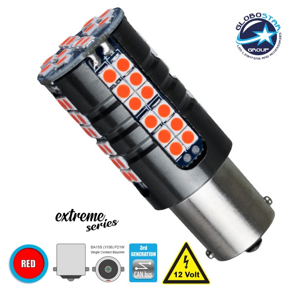 GloboStar® 81252 Λάμπα Αυτοκίνητου 1156 - BA15S - P21W 3rd Generation Can-Bus Extreme Series LED 66 SMD 3030 15W 1800lm 360° DC 12V IP20 Κόκκινο