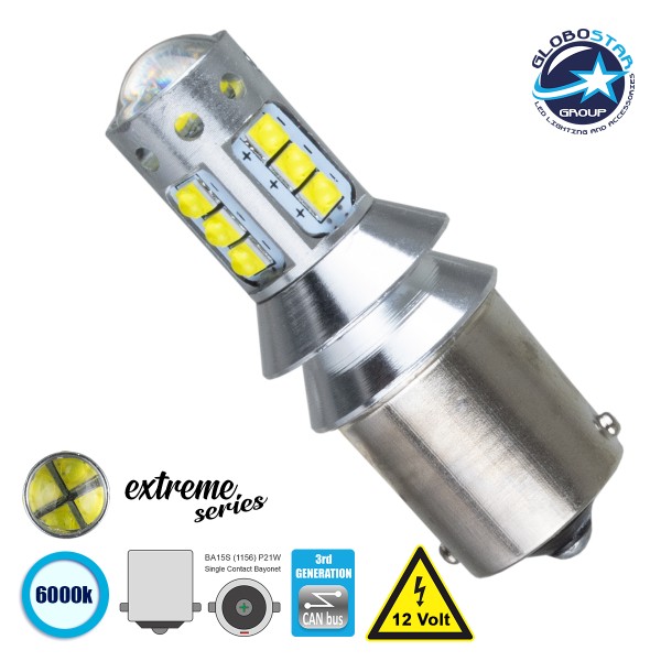 GloboStar® 1156 - BA15S - P21W 81256 Λάμπα Αυτοκίνητου  3rd Generation Can-Bus Extreme Series LED 16 CREE XBD 3W 2115lm 360° DC 12V IP20 Ψυχρό Λευκό 6000K
