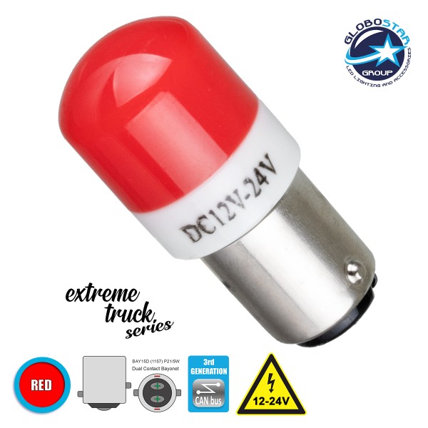 GloboStar® 81269 Λάμπα Αυτοκινήτου & Φορτηγού 1157 - BAY15D - P21/5W 3rd Generation Can-Bus Extreme Truck Series LED 6 SMD 3030 3W 360lm 360° DC 12-24V IP20 Κόκκινο