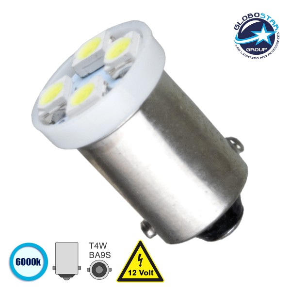 GloboStar® 81283 Λάμπα Αυτοκίνητου BA9S - T4W LED 4 SMD 1210 0.8W 160lm 120° DC 12V IP20 Ψυχρό Λευκό 6000K