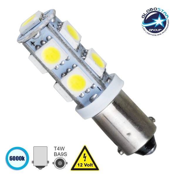 GloboStar® 81285 Λάμπα Αυτοκίνητου BA9S - T4W LED 9 SMD 5050 3W 450lm 360° DC 12V IP20 Ψυχρό Λευκό 6000K