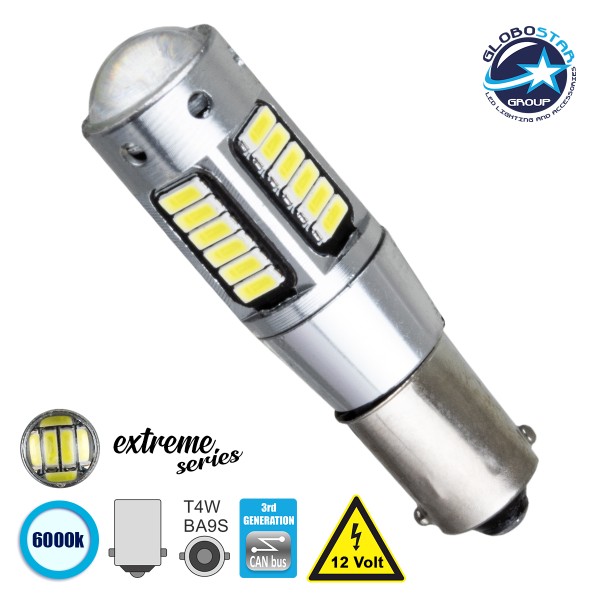 GloboStar® 81291 Λάμπα Αυτοκίνητου BA9S - T4W 3rd Generation Can-Bus Extreme Series LED 30 SMD 4014 6W 900lm 360° DC 12V IP20 Ψυχρό Λευκό 6000K