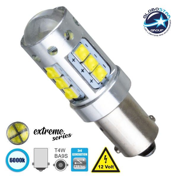 GloboStar® 81295 Λάμπα Αυτοκίνητου BA9S - T4W 3rd Generation Can-Bus Extreme Series LED 16 CREE XBD 15W 2115lm 360° DC 12V IP20 Ψυχρό Λευκό 6000K